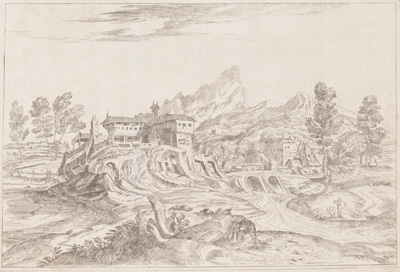 Titian etching from 1682 Town with factories, women washing at river